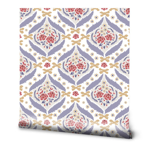 Red and blue floral wallpaper with beige and lavender accents, ideal for bedroom or living room walls