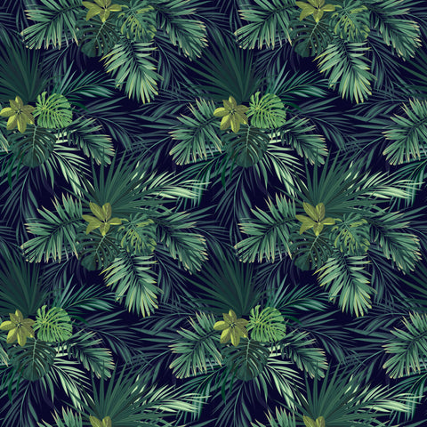 wallpaper featuring a tropical palm leaf pattern with predominantly dark green leaves on a black background.