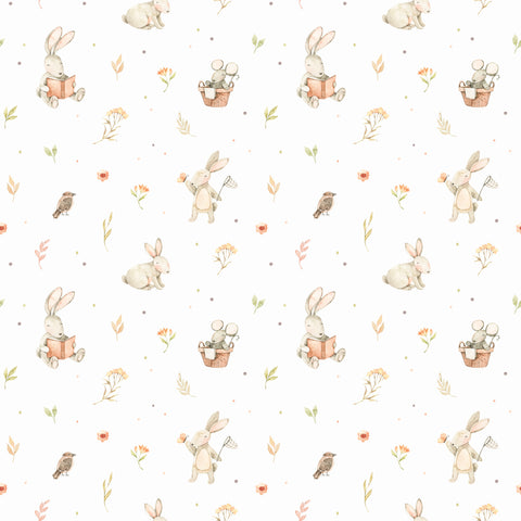 A wallpaper featuring cute animal illustrations, predominantly rabbits, with floral elements in a pastel color palette.