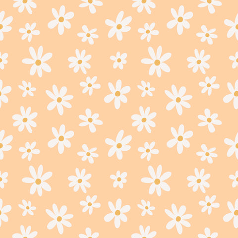 wallpaper with a floral pattern featuring peach colored flowers on a white background.