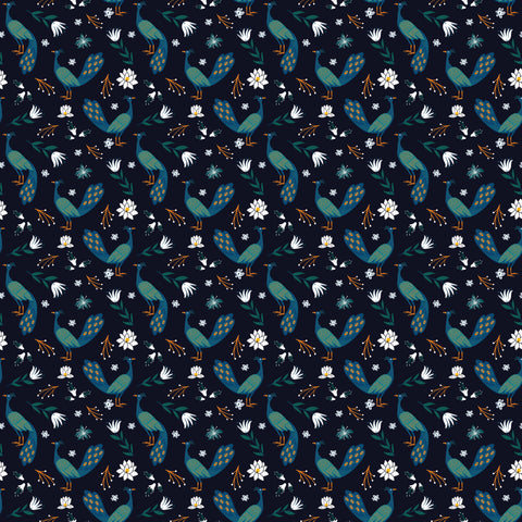 removable wallpaper with a dark blue background featuring a floral pattern with peacocks and other birds.