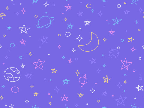 A colorful wallpaper featuring a pattern with stars, planets, and geometric shapes on a purple background.