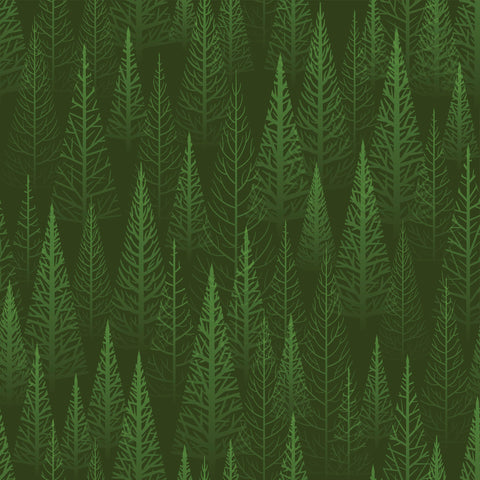 A wallpaper pattern featuring a dense forest of green pine trees.