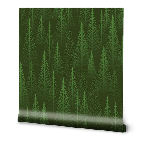 A roll of wallpaper with a green forest pattern consisting of numerous pointy pine trees.