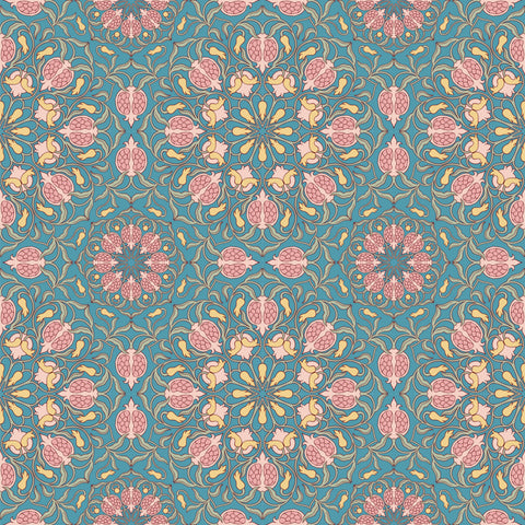 removable wallpaper with a floral pattern featuring pomegranate motifs in teal, pink, and other colors.