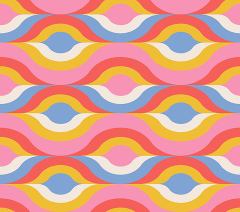 A colorful retro wallpaper featuring a pattern of psychedelic curves in red, blue, and yellow on a pink background.
