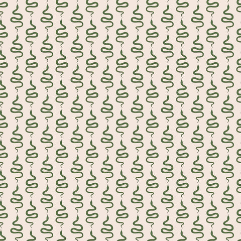 A wallpaper pattern featuring a repeating geometric serpentine design in a psychedelic style with green and white colors.