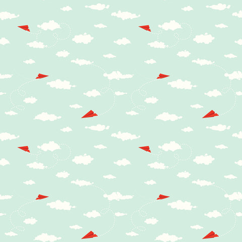 removable wallpaper with a pattern of red paper planes flying against a light blue background with white clouds.