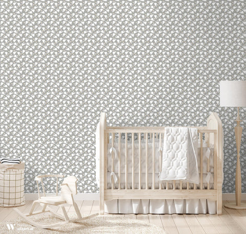 Removable wallpaper featuring a pattern of white swans on a gray background.