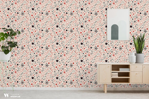 wallpaper with a white background covered in red and black doodle-style stars.
