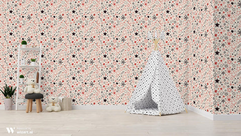 wallpaper with a white background covered in red and black doodle-style stars.