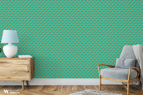 wallpaper with a retro design featuring multiple colorful roller skates against a teal background.