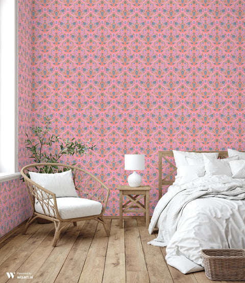 Floral Damask Removable Wallpaper - Pink for bedroom
