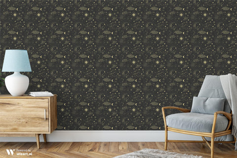 Dark Night Astrology Removable Wallpaper - Black & Gold