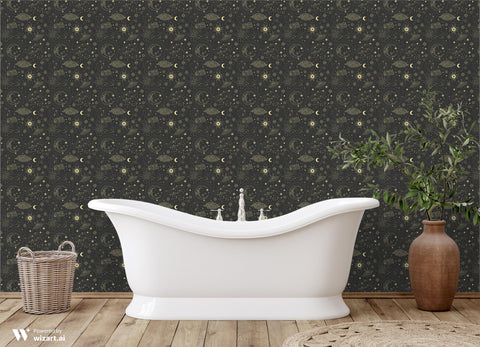 Dark Night Astrology Removable Wallpaper - Black & Gold