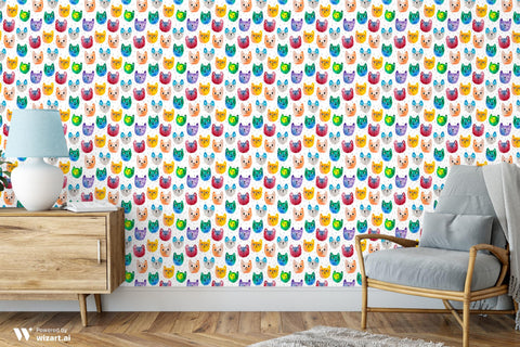 Living room interior with a feature wall covered in colorful watercolor cat face wallpaper, showing orange, green, blue, purple, and red cats on a white background, paired with a wooden cabinet, lamp, and gray armchair