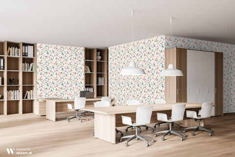 Modern office interior with desks, chairs, and bookshelves, featuring walls covered in a floral wallpaper with coral pink flowers, green leaves, and blue accents on a light background.