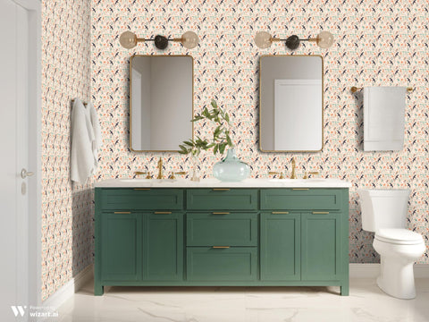 wallpaper with a pattern featuring birds, flowers, and foliage.