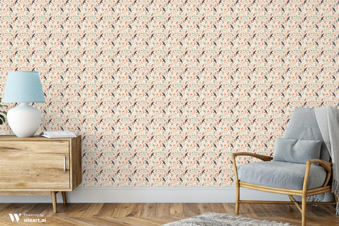 Roll of wallpaper with a pattern featuring birds, flowers, and foliage.