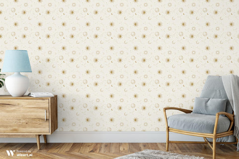 Creamy Golden Sky removable wallpaper with a celestial pattern featuring moons and stars.
