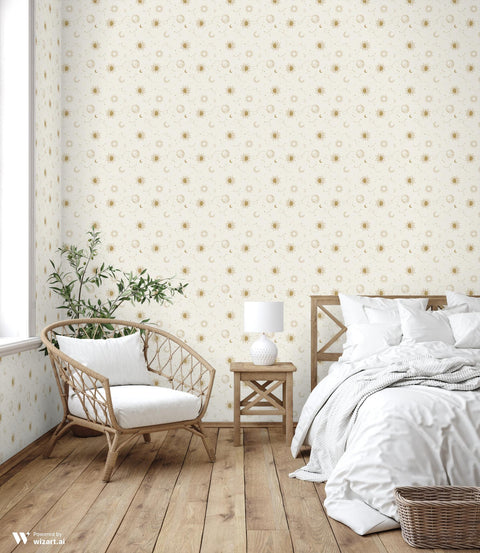 Creamy Golden Sky removable wallpaper with a celestial pattern featuring moons and stars.