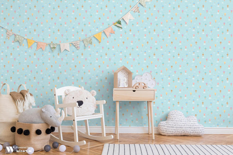 removable wallpaper with a pattern of ice cream cones in various colors against a light blue background.