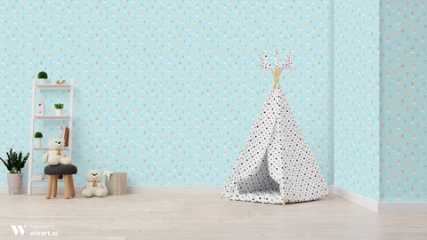removable wallpaper with a pattern of ice cream cones in various colors against a light blue background.