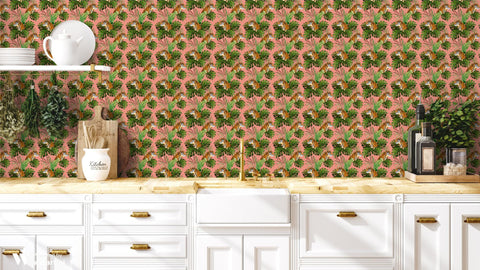 removable wallpaper with a tropical design featuring tigers among green leaves on a pink background.