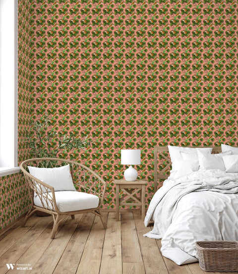 removable wallpaper with a tropical design featuring tigers among green leaves on a pink background.