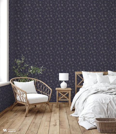 removable wallpaper with a dark background featuring constellation patterns and zodiac sign motifs.