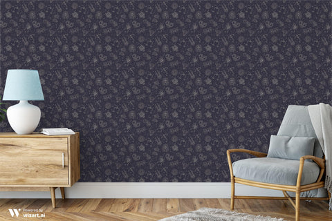 removable wallpaper with a dark background featuring constellation patterns and zodiac sign motifs.