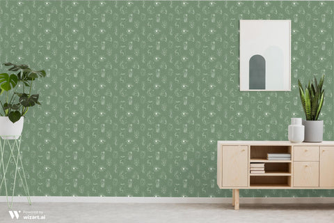 sage green removable wallpaper with a pattern of eyes, plants, and abstract designs.