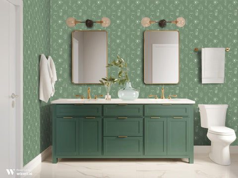 sage green removable wallpaper with a pattern of eyes, plants, and abstract designs.