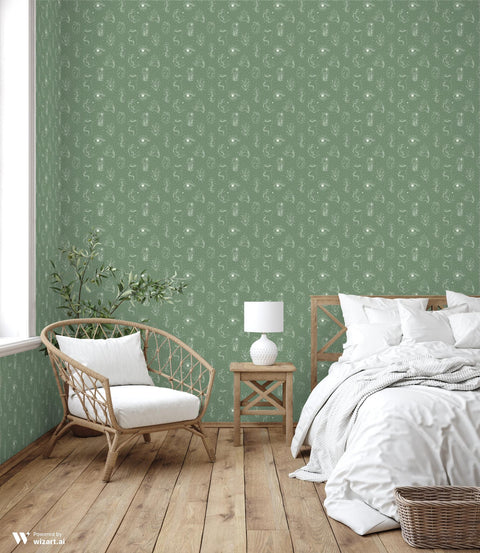 sage green removable wallpaper with a pattern of eyes, plants, and abstract designs.