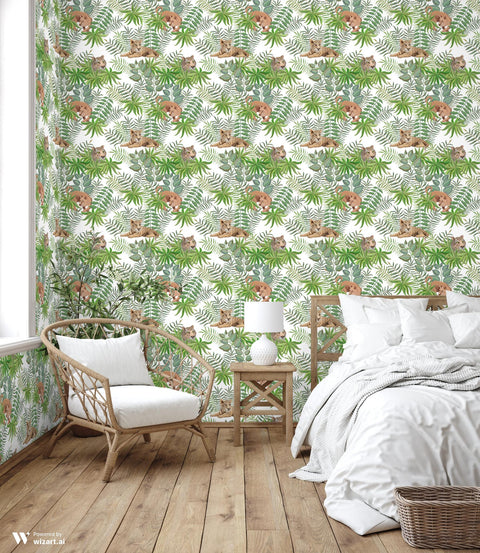 removable wallpaper with a design featuring lions, tigers, and lush green leaves.