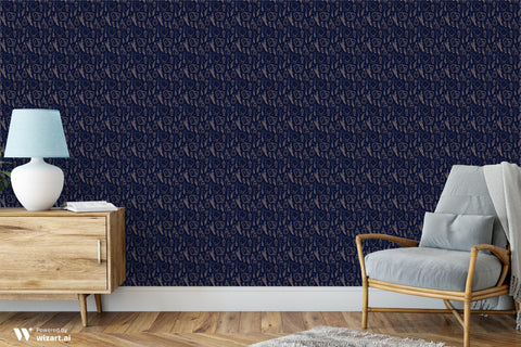 removable wallpaper with a pattern featuring tarot cards, potions, and other mystical symbols on a dark blue background.