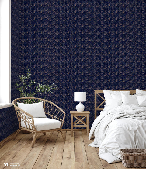 removable wallpaper with a pattern featuring tarot cards, potions, and other mystical symbols on a dark blue background.