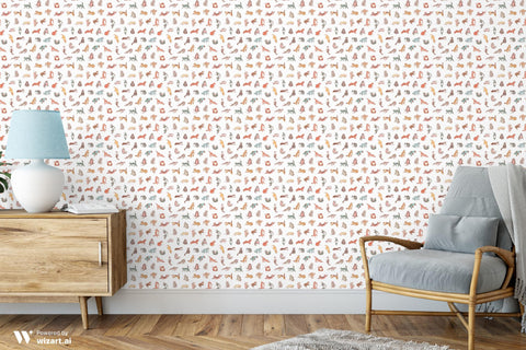 removable wallpaper with a pattern of various cartoon cats in multicolor on a white background.