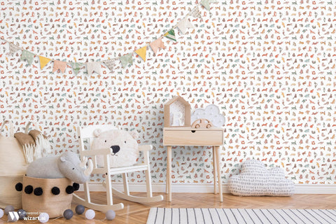 removable wallpaper with a pattern of various cartoon cats in multicolor on a white background.