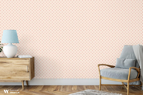 removable wallpaper with a minimalist design featuring small red hearts distributed evenly across a pink background.