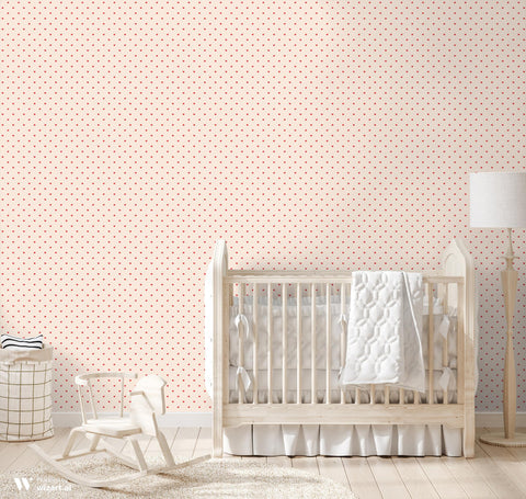 removable wallpaper with a minimalist design featuring small red hearts distributed evenly across a pink background.