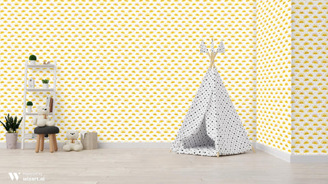 removable wallpaper with a pattern of smiling sun faces and hearts in yellow, orange, and white colors.