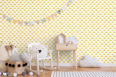 removable wallpaper with a pattern of smiling sun faces and hearts in yellow, orange, and white colors.