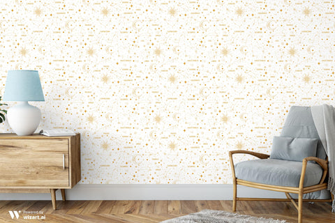 removable wallpaper with a white and gold celestial pattern featuring zodiac star signs.