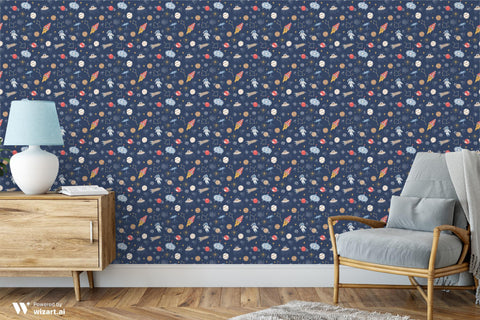 removable wallpaper with a space-themed pattern, featuring rockets, planets, and stars on a blue background.