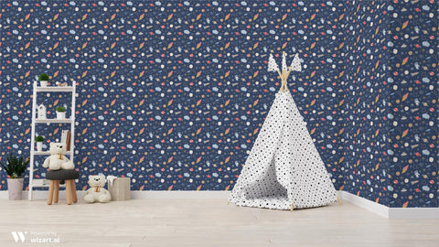 removable wallpaper with a space-themed pattern, featuring rockets, planets, and stars on a blue background.
