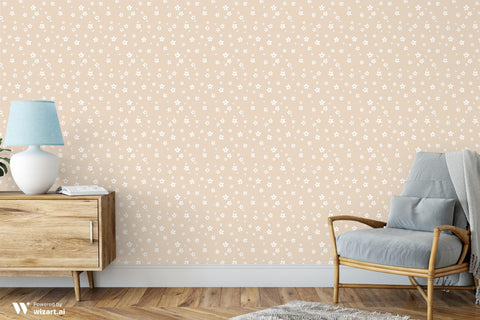 beige floral wallpaper with small white daisy patterns spread evenly across the surface.
