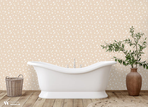 beige floral wallpaper with small white daisy patterns spread evenly across the surface.