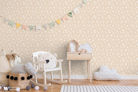 beige floral wallpaper with small white daisy patterns spread evenly across the surface.