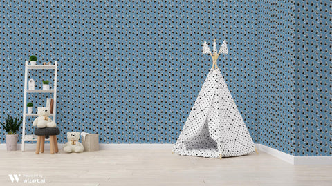 Removable wallpaper featuring a pattern of cartoonish astronauts on a blue background with stars.